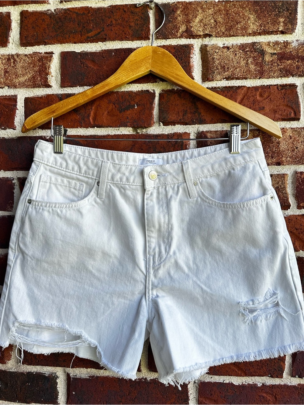 Forever 21 White Distressed Denim Shorts